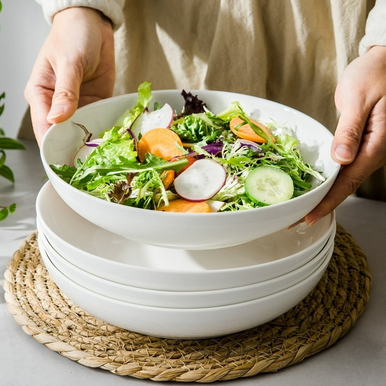 White Ceramic Pasta Bowl Set Glossy Wide Rim Stackable Design