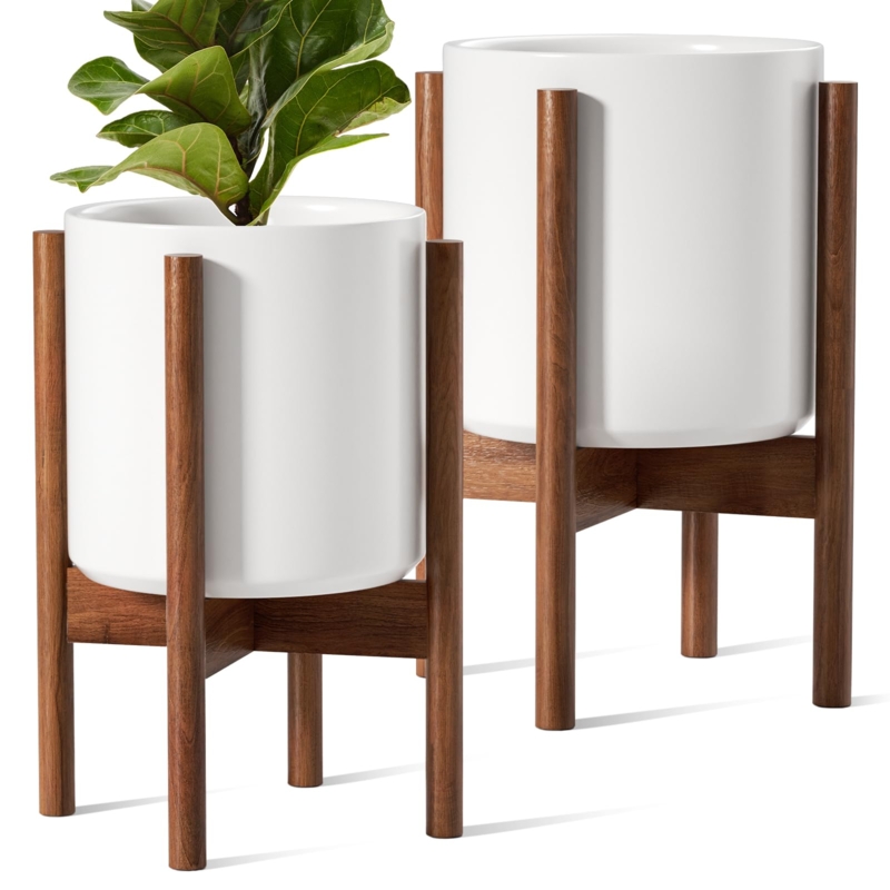 White Ceramic Planter Set with Staggered Acacia Wood Stands