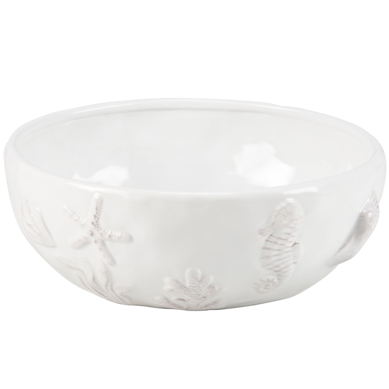 White Ceramic Serving Bowl with Embossed Beach Icons & Typography