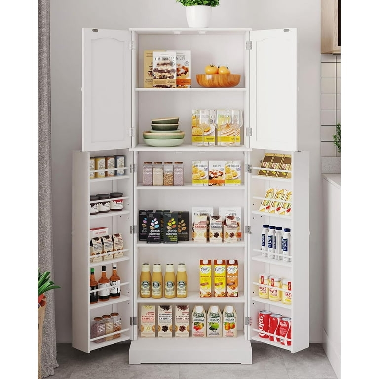 White Farmhouse Pantry Cabinet with Central Niche, Four Doors.