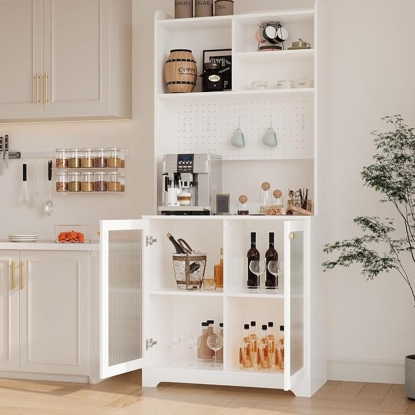 White Farmhouse Pantry Hutch with Wood-Toned Countertop