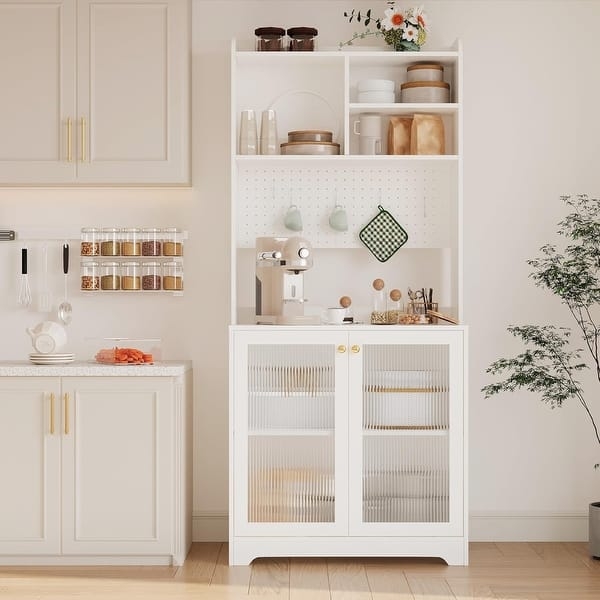 White Farmhouse Pantry Storage Cabinet with X-Brace Glass Doors