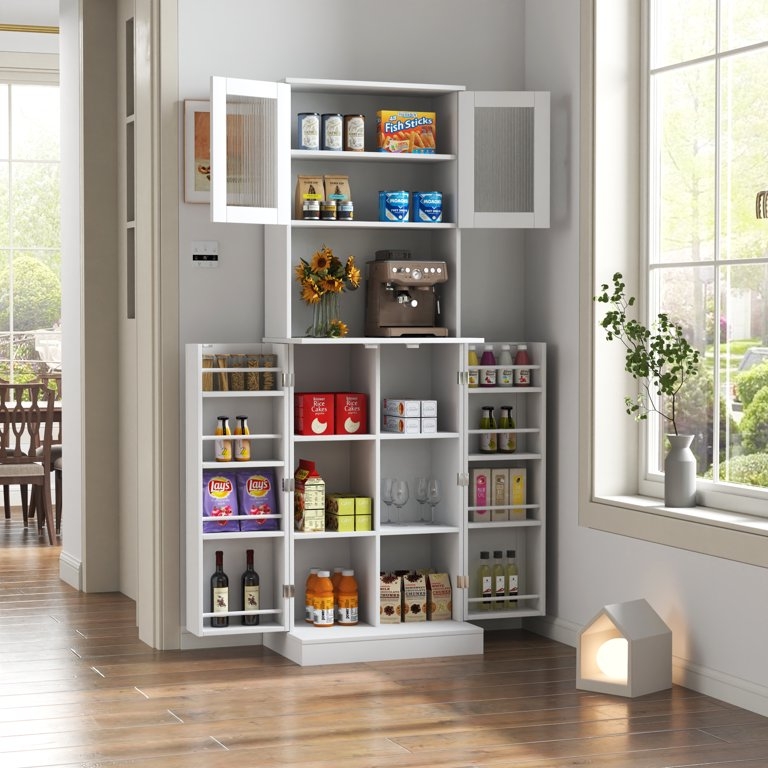 White Four-Door Pantry Cabinet with Microwave Niche