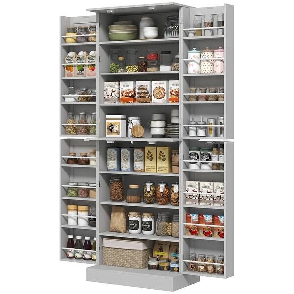 White Freestanding Pantry Cabinet with Shaker Doors and Wood Top