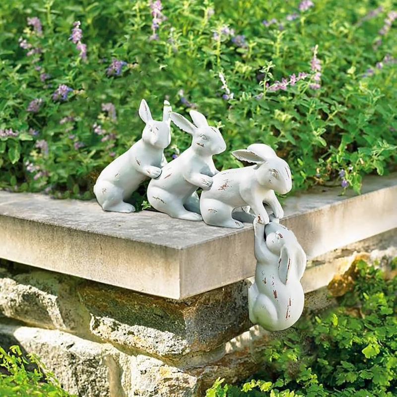 White Garden Statue Connected Climbing Bunnies Sculpture
