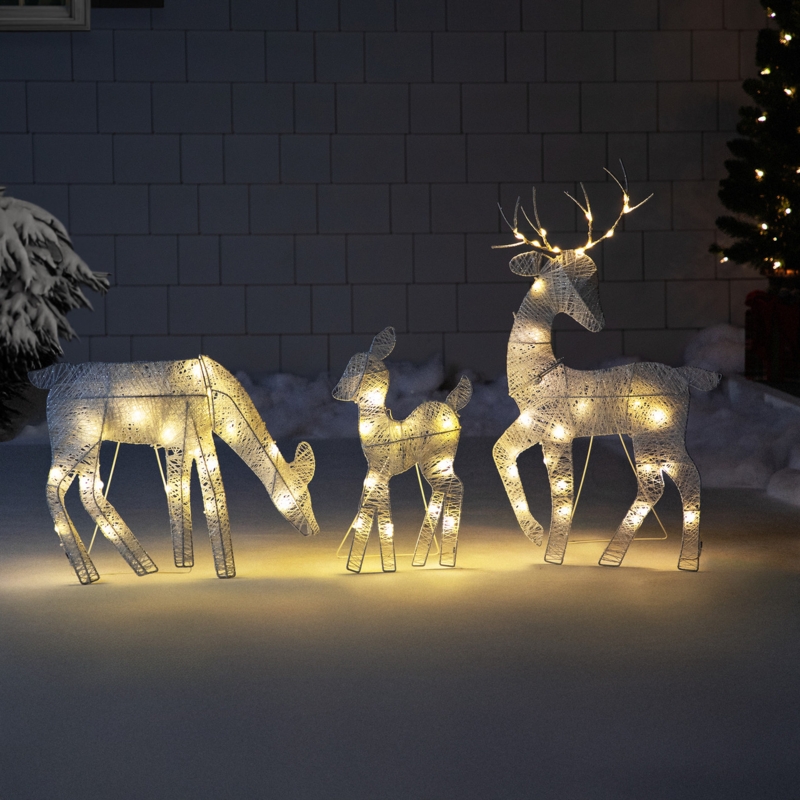 White Glittered Mesh Reindeer Set, Cool LED Internal Glow Family.