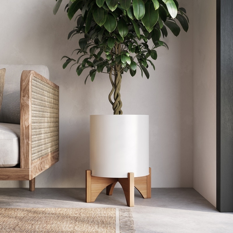 White Indoor Planter with Unique Arched Wood Base