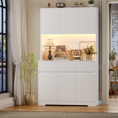 White Kitchen Hutch with Microwave Shelf and Glass Front Cabinets