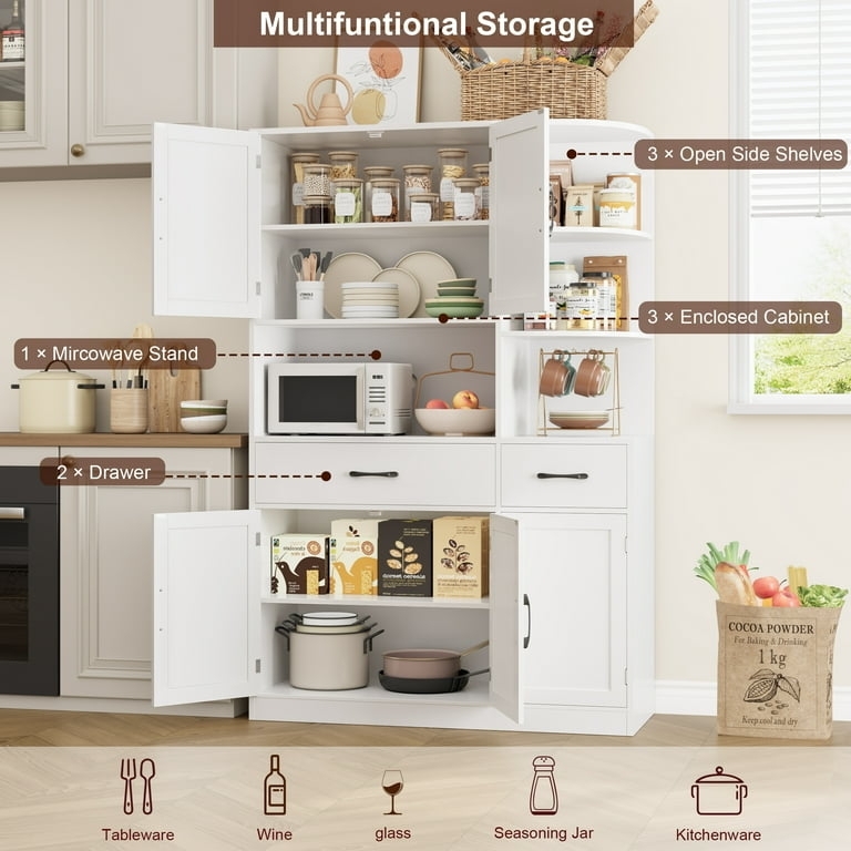 White Kitchen Pantry Hutch with Side Shelving & Microwave