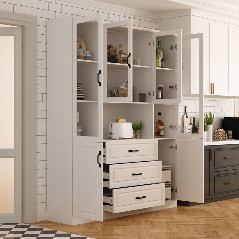 White Kitchen Pantry with Hutch Gold Hardware Glass Doors Modern Style.