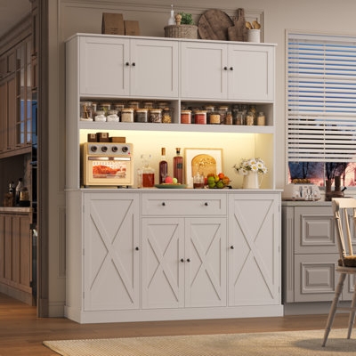 White Kitchen Pantry with Microwave Hutch and Integrated LED Lighting