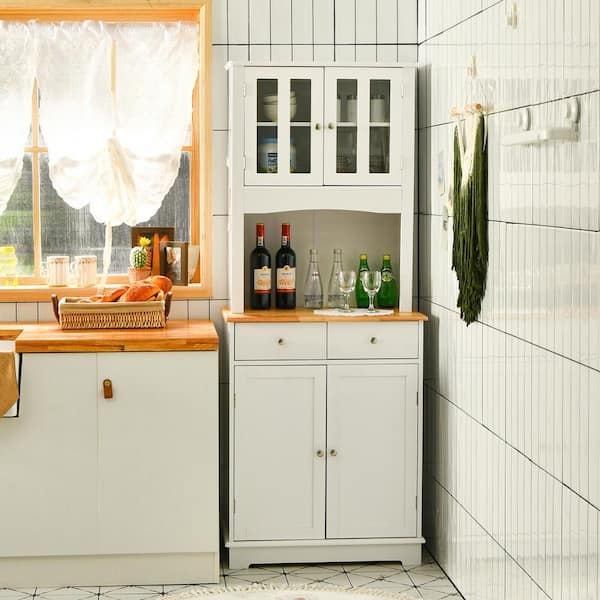 White Kitchen Pantry with Microwave Stand & Gold Hardware