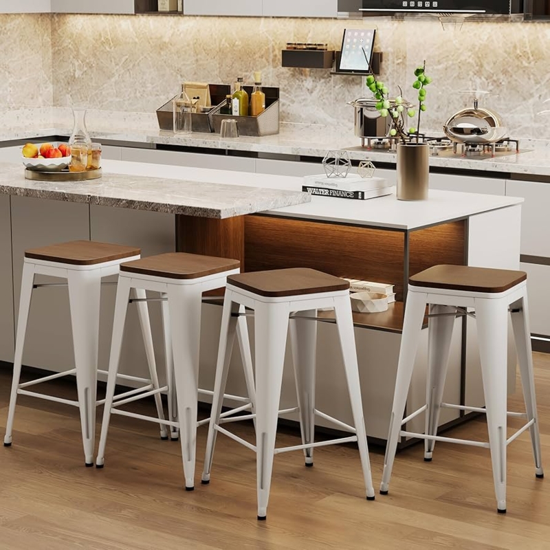 White Metal Bar Stool Circular Wood Top Backless Industrial