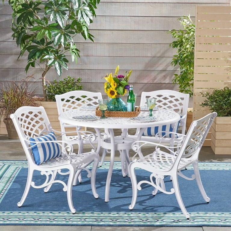 White Outdoor Dining Set Cast Aluminum Lattice Top Scroll Back Round