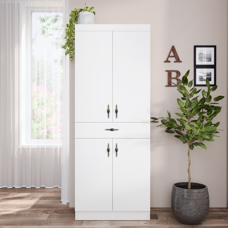 White Pantry Cabinet featuring Frosted Glass Inserts and Central Drawer.