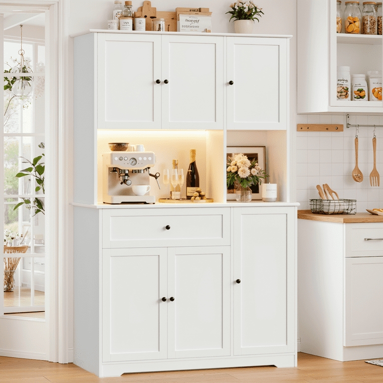 White Pantry Cabinet Hutch with Blue LED Accent Lighting & Wine Rack