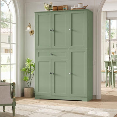 White Pantry Cabinet with Glass-Paned Upper Doors and Central Drawer