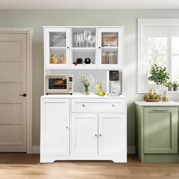 White Pantry Hutch with X-Brace Glass Doors, Open Niche, and Slatted Base.