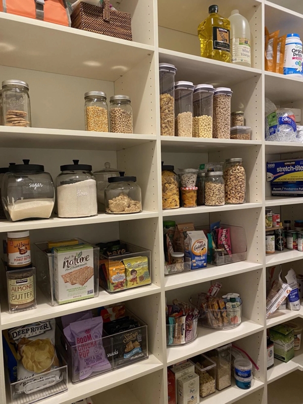 White Pantry Shelving System with Rolling Ladder Rail