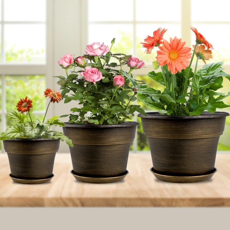 White Planter Pots with Matching Trays, Tapered Resin Set.