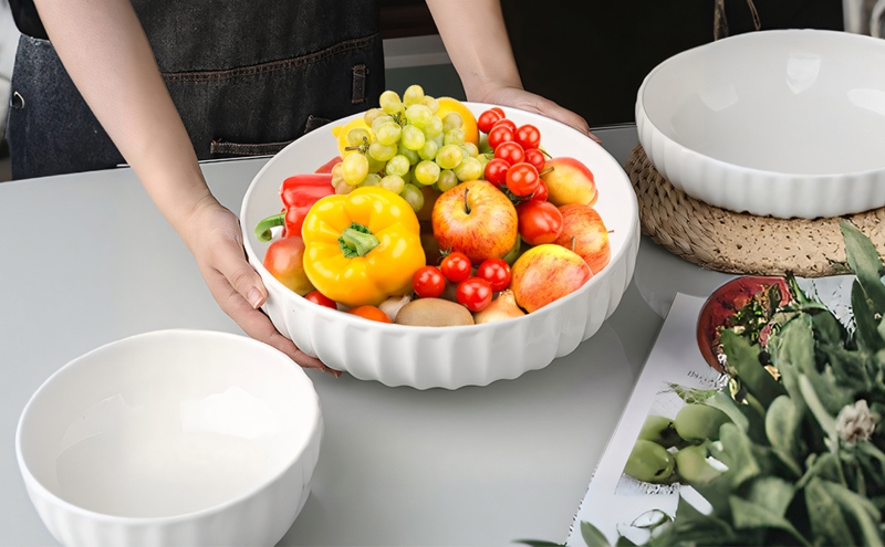 White Serving Bowl Set, Pumpkin Shape with Ribbed Texture