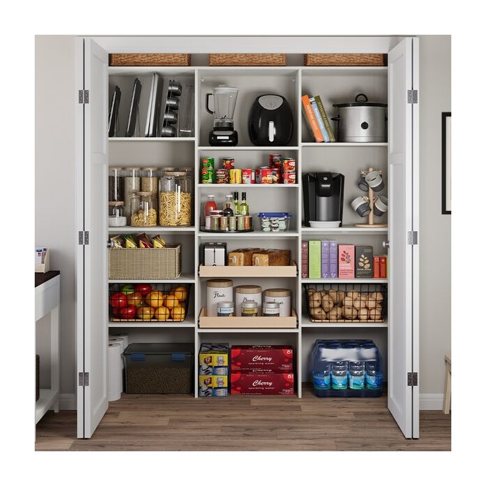 White Shaker Pantry Cabinet System with Expansive Open Shelving