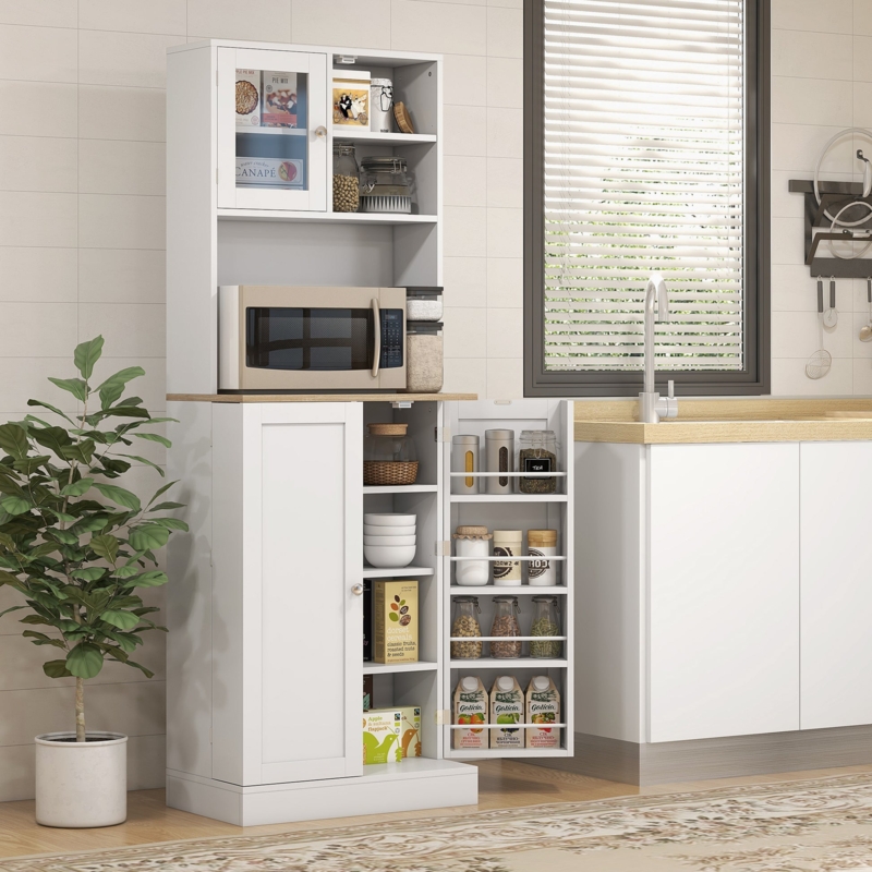White Shaker Pantry Cabinet with Glass Doors & Microwave Shelf