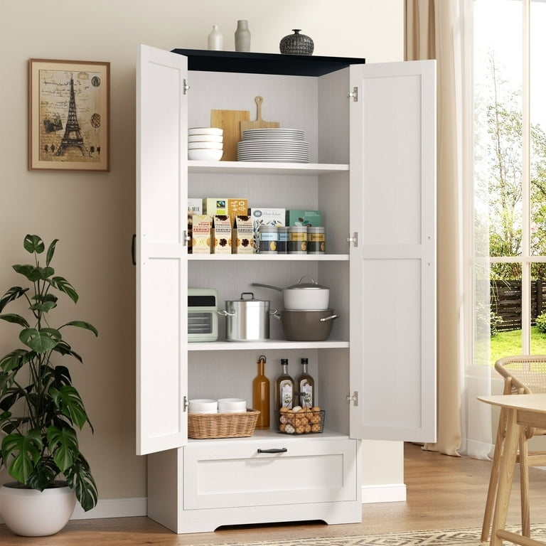 White Shaker Style Pantry Cabinet with Glass Doors and Central Drawer.