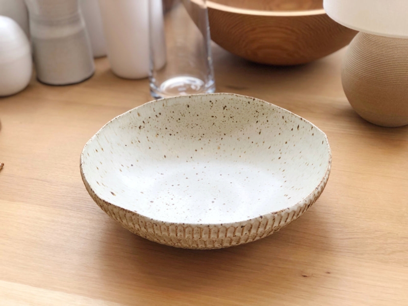 White Speckled Serving Bowl Ceramic Carved Scalloped Edge