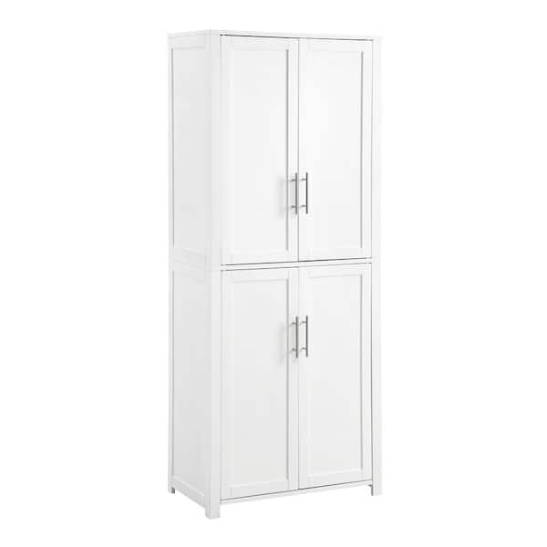 White Tall Pantry Cabinet with Crown Molding, Shaker Style Doors.