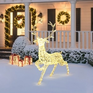 White Wire Frame Reindeer Decoration, Traditional Lighted Holly Bow.