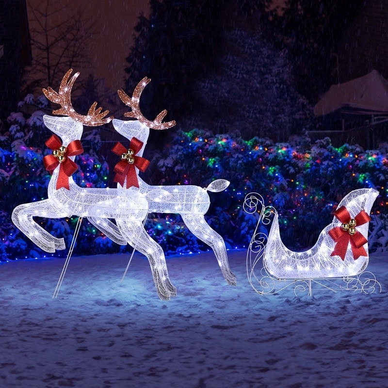 White Wireframe Reindeer Sleigh Set Red Accent Bows