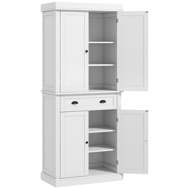 White Wood Grain Pantry Cabinet with Central Hutch and Silver Hardware.