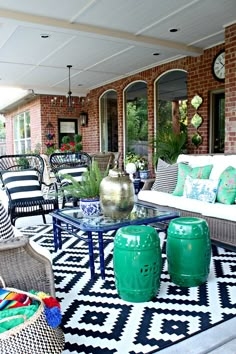 Whitewashed Finish Patio Furniture Set L Shaped Coastal Navy And Aqua