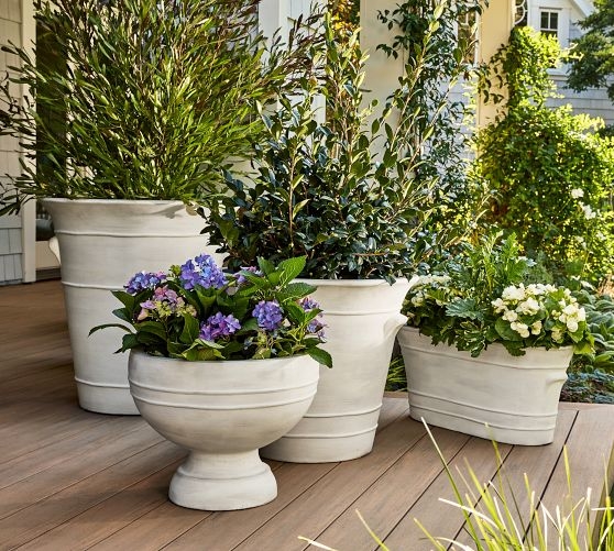Whitewashed Stone Outdoor Planter, Footed Bowl Pot.