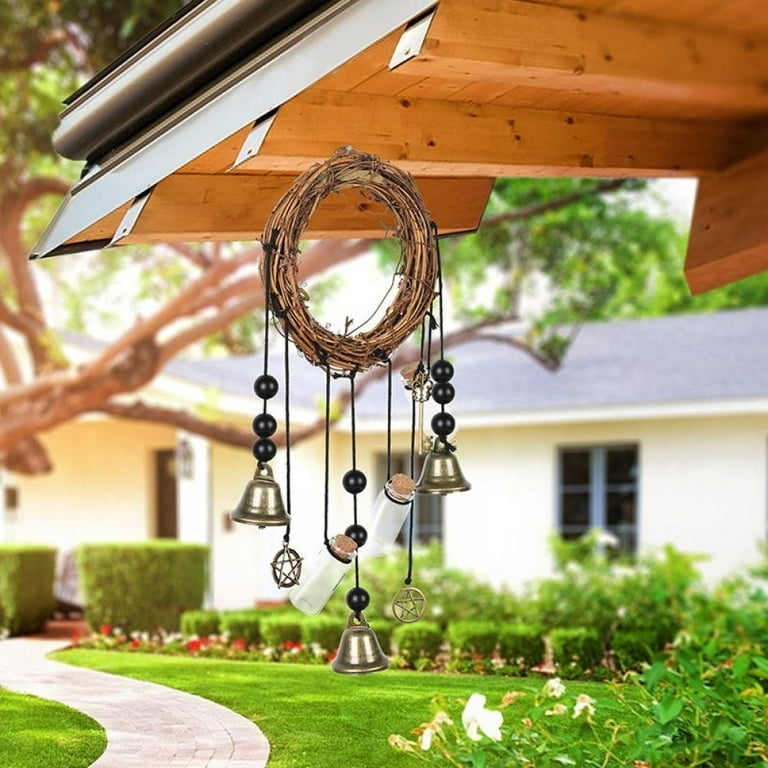Wiccan Bell Wind Chimes with Crystal Point and Vine Wreath Base