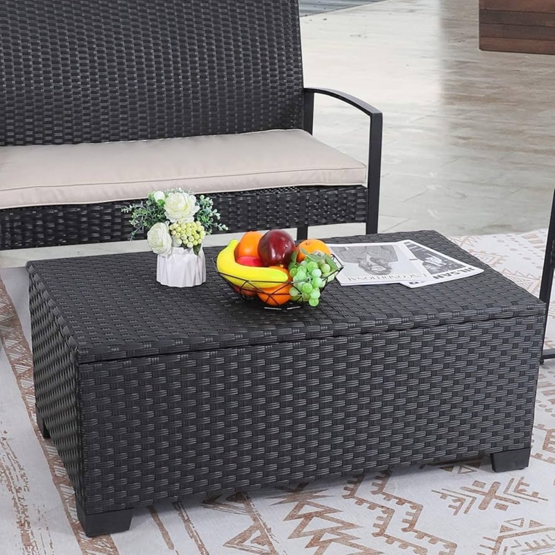 Wicker Outdoor Coffee Table with Integrated Storage and Tempered Glass Top