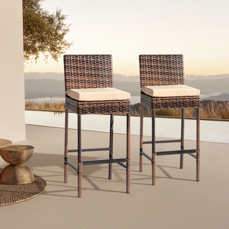 Wicker Patio Bar Stools Integrated Armrests High Back Coastal Seating