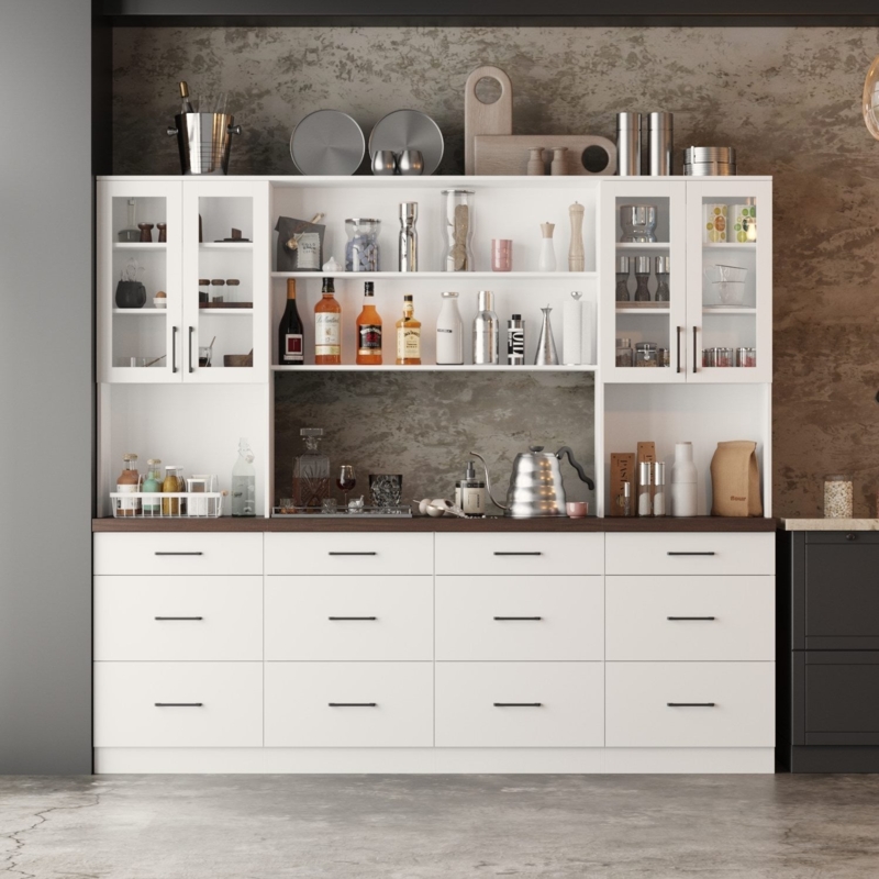 Wide Charcoal Gray Pantry Cabinet with Fluted Doors and Lighting