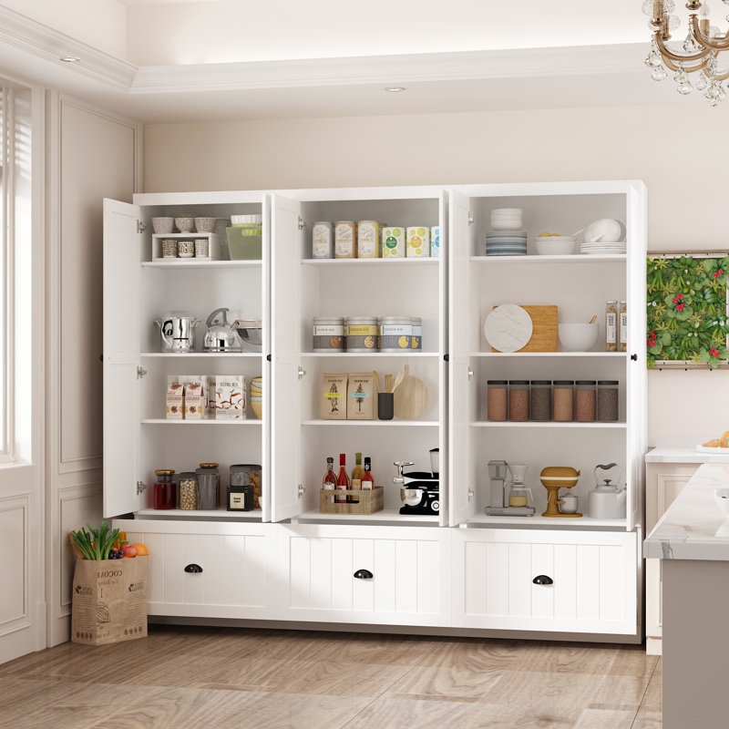Wide Food Pantry Cabinet featuring Glass Front Doors and Wood Countertop.