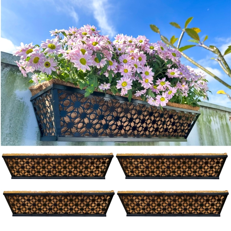 Window Box Planter Set, Black Metal Wire with Coco Liner