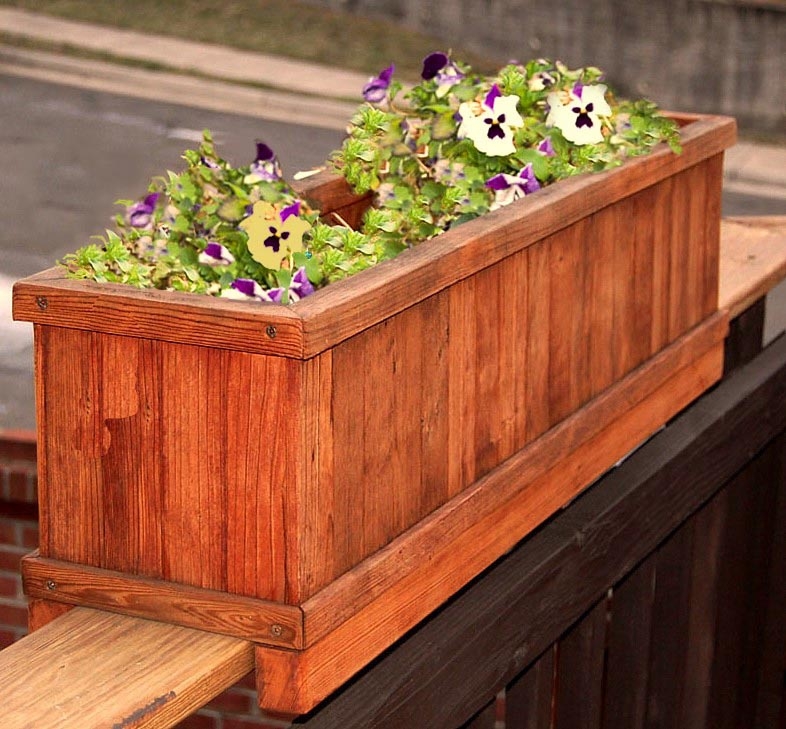 Window Box Planter, Slatted Wood Construction for Deck Railing