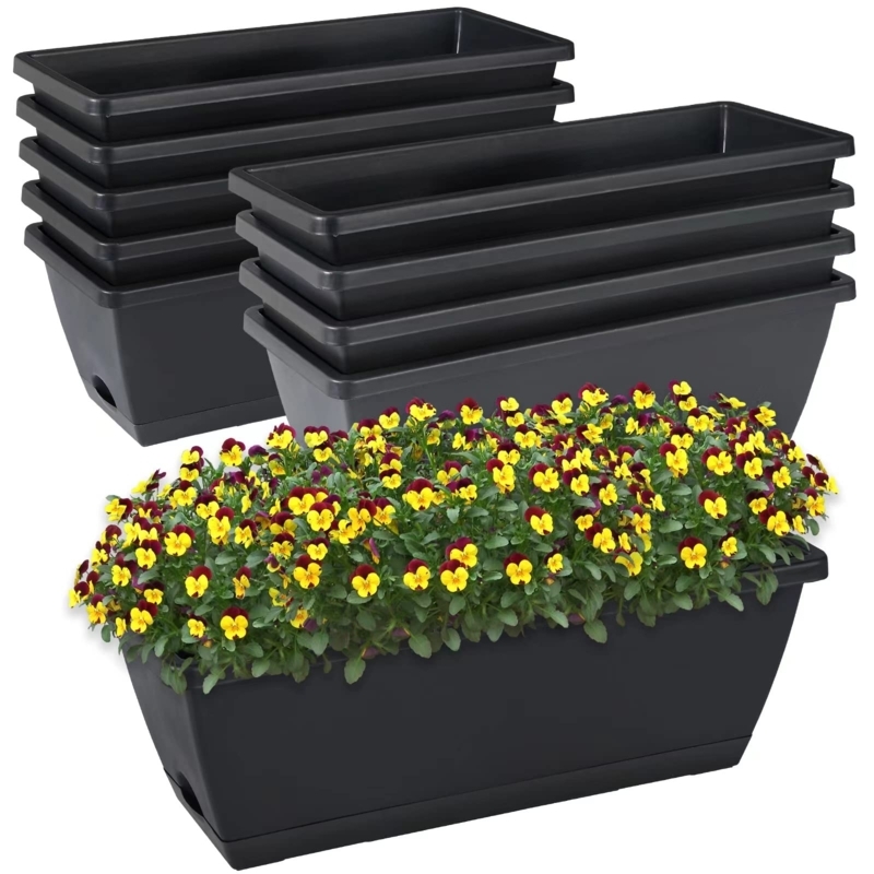Window Box Planter with Saucer, Matte Black Minimalist Pot