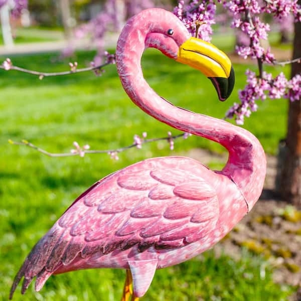 Wire Support Base Garden Statue Glossy Painted Metal Flamingo