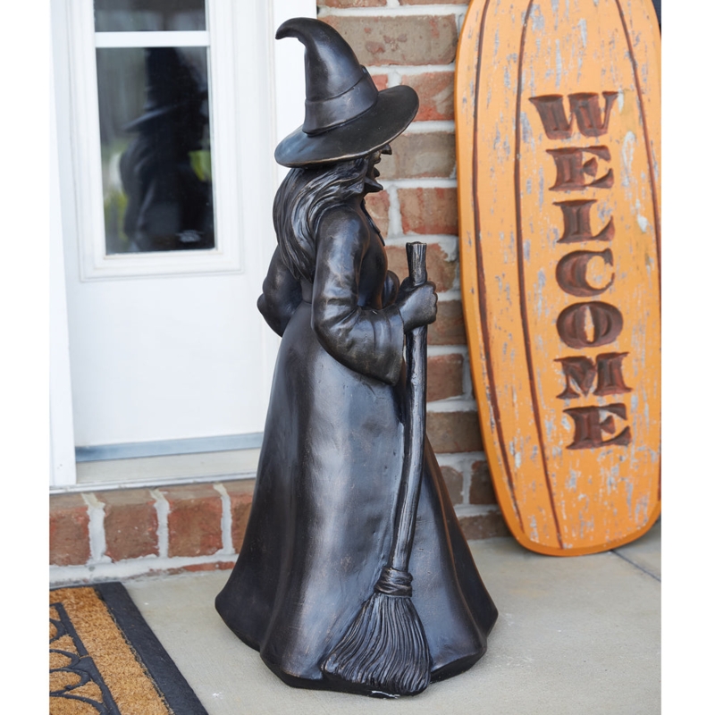 Witch Figurine Green Skin, Pointed Hat, Broom, Rustic Matte Finish, Spooky