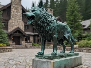 Wolf Garden Statue Monumental Scale Bronze Patina Mountain Lodge Decor