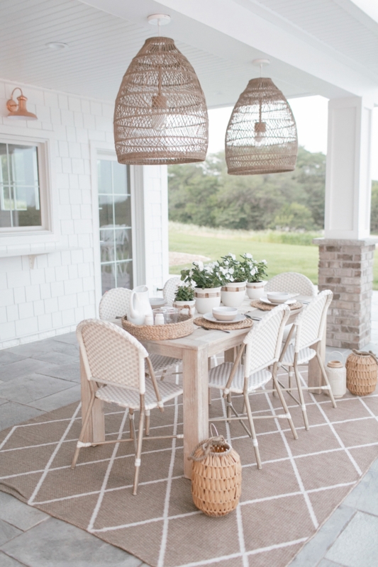 Wood and Woven Dining Set with Oversized Woven Pendant Light