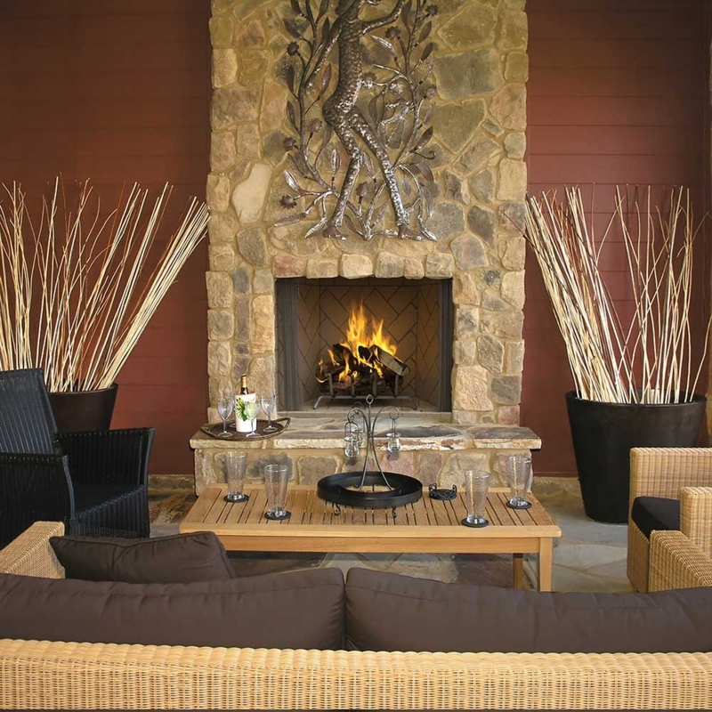 Wood Burning Outdoor Fireplace with Mesh Screens and Herringbone Liner