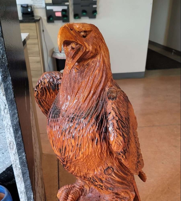 Wood Carving, Chainsaw Carved Bird Statue, Eagle Silhouette, Perched.