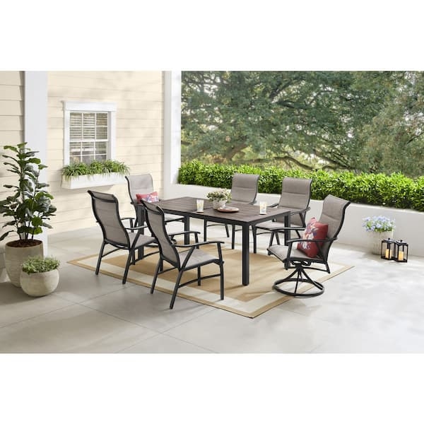 Wood Toned Patio Dining Set Slatted Back Gray Cushions Farmhouse